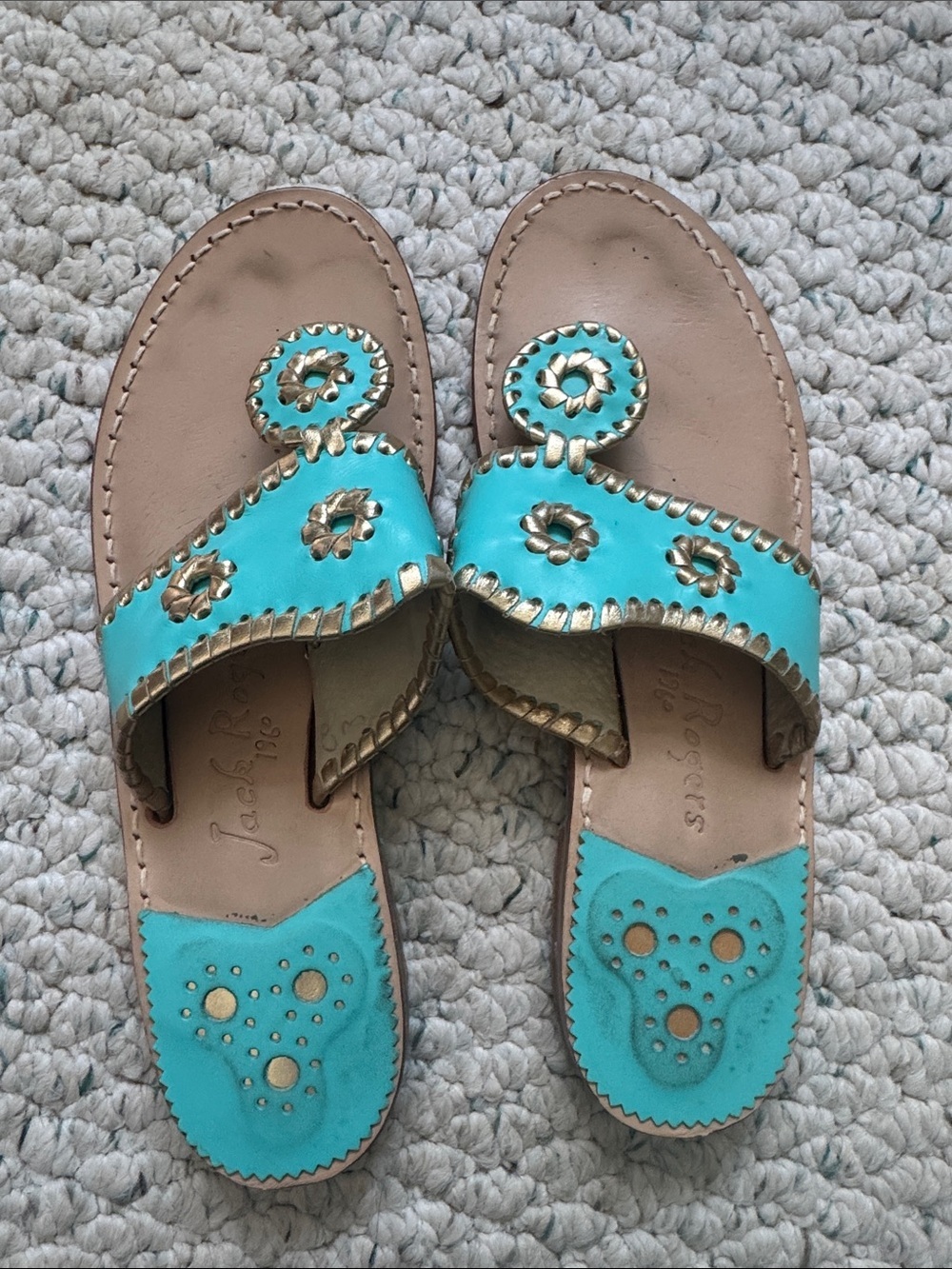 Jack Rogers Turquoise and Tan Leather Thong Sandals